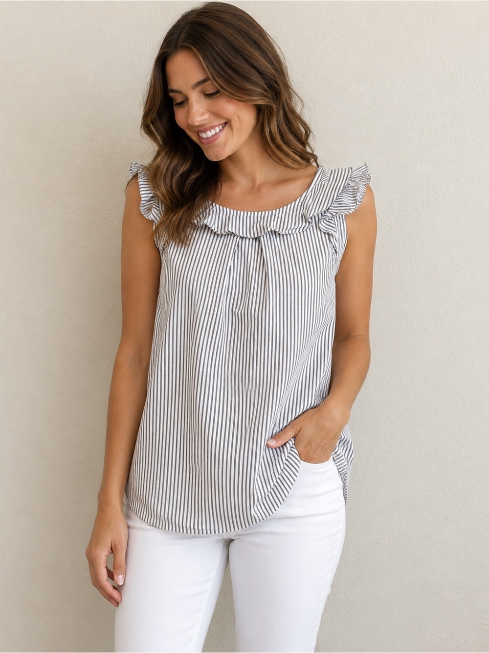 J Crew Striped Ruffle Neck Elastic Back Tank Top Seersucker Style Shirt Size 4